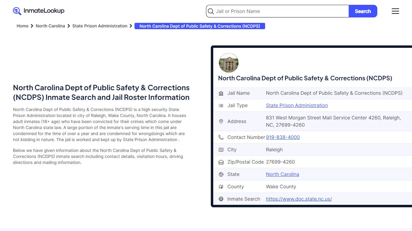 North Carolina Dept of Public Safety & Corrections (NCDPS) Inmate ...